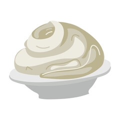 Vector flat illustration of a mascarpone cheese dairy product in a bowl. An airy dairy product for sweets. A simple drawing for the design of a culinary website and applications, logo, application