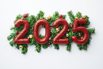 A festive 2025 crafted from red and gold Christmas garlands, with shiny baubles nestled in the greenery, lying on a plain white background.