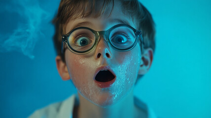 A Caucasian boy with a soot covered face, lab glasses perched on his nose, surprised by his science experiment, in front of a bright blue backdrop.