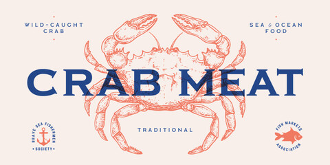 Crab, seafood, sketch. Vintage retro print, seafood crab sketch, logo sign template, ink pencil style drawing, engrave old school. Sketch artwork crab, template sign, logo, symbol. Vector Illustration © foxysgraphic