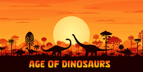 Giant dinosaurs silhouettes on sunset landscape. Vector Prehistoric background with terrain dino species shadows roaming in front of large orange sun in dusk sky trees, rocks and ancient time plants © Vector Tradition