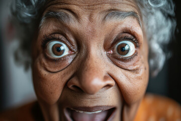An African American grandmother with big, surprised eyes, her face full of joy and curiosity, captured in a close-up portrait that highlights her playful and loving spirit.