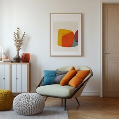  Stylish living room with a mid-century modern chair, colorful pillows, and a unique knot cushion, creating a cozy and contemporary space. Mock up poster. 