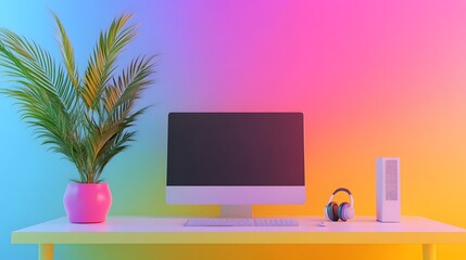 Front view of an working interior with colorful empty room, computer、green plant、headphones on the table, minimal design, 3d rendering. 