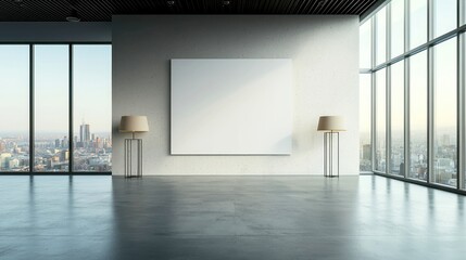 Contemporary coworking space featuring a sleek mock-up wall, expansive city views through large panoramic windows, stylish lamps, and polished concrete flooring.