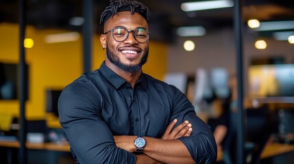 Obraz premium Confident intern in office, arms crossed, smiling, embodies positivity and growth, representing a startup environment and new job opportunities in a consulting agency.