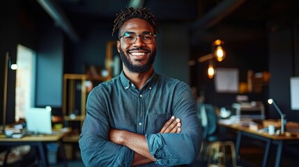 Confident Intern in Professional Setting, Black man with arms crossed, smiling, embodying positivity and growth within a vibrant startup consulting agency.