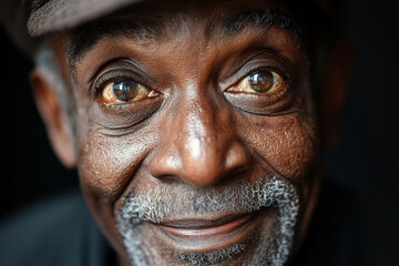 A Black granddad with wide, surprised eyes, his expression full of wonder and joy, captured in a close up portrait that highlights the deep lines of his face and his warm smile.