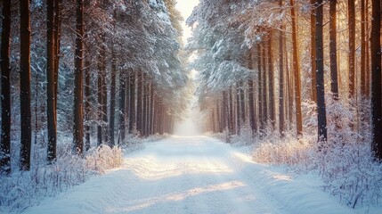 Naklejka premium Snow-covered forest road, heavy snowfall, tranquil winter landscape, tall trees, soft light.