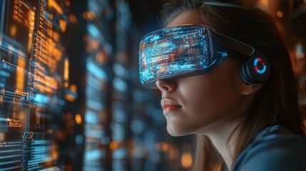 female IT specialist engages with augmented reality interface on a tablet, managing cloud computing operations in a high-tech server farm, working for a top cybersecurity firm ensuring data security