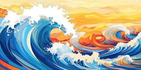 Playful Vibrant Ocean Wave Illustration. Dynamic Aquatic Oceanscape with Vivid Colors and Fluid Motion. Cheerful atmosphere