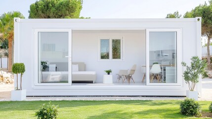 Mobile workspace, compact living unit designed for flexibility, featuring essential amenities, modern furnishings, efficient layout, ideal for remote work or temporary housing