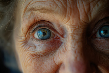 A Caucasian grandmother, her big, surprised eyes glowing with happiness, her face full of life and warmth, captured in a close up portrait that highlights her kind nature.