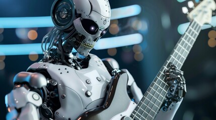 Fototapeta premium Futuristic AI Robot Performing in a Band with Electric Guitar