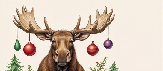 Fototapeta premium A humorous holiday illustration featuring a moose wearing Christmas ornaments on its antlers