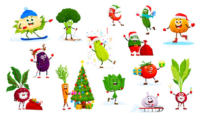 Cartoon Christmas vegetable characters on winter holiday in Santa hat with gifts, vector funny veggie. Happy cauliflower on snowboard, pumpkin on ice skates and carrot decorating Christmas tree