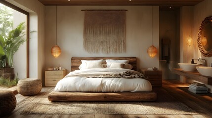 Cozy and serene rustic-style bedroom retreat with warm wooden accents,natural lighting,and an inviting,comfortable atmosphere for relaxation and peaceful rest. The room exudes a sense of calm,harmony.