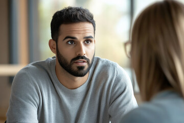 Fototapeta premium A close up view of an Arabian man and a Caucasian woman during a serious interview, highlighting their facial expressions and body language. The background hints at a professional setting, adding
