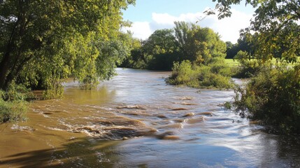 Torrential Rain Causes River Flooding, Muddy Waters Overflowing into Surrounding Areas