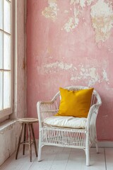 A room with faded, pastel pink walls, showcasing a single, white rattan chair with a bright yellow cushion, placed next to a small side table. 