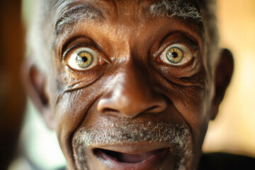 Fototapeta premium An African American granddad with wide, surprised eyes, his face glowing with joy and curiosity, captured in a close-up portrait that highlights the wisdom in his eyes.