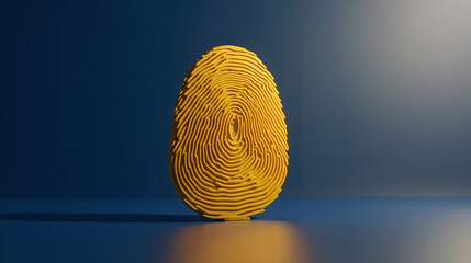 Abstract yellow fingerprint swirl sculpture on blue background