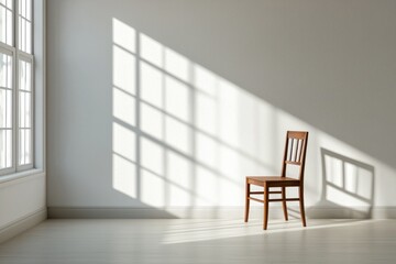 A spacious, minimalistic room with plain white walls, featuring a single elegant wooden chair in the center, casting a soft shadow from a window's natural light.
