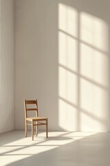 A spacious, minimalistic room with plain white walls, featuring a single elegant wooden chair in the center, casting a soft shadow from a window's natural light.