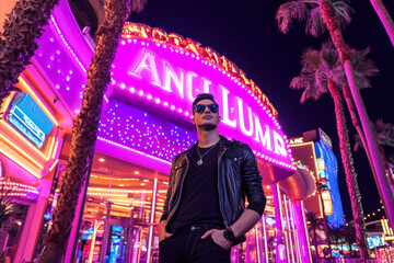 Obraz premium A confident young adult Brazilian man poses at the entrance of a glamorous casino on the Vegas Strip, surrounded by bright neon lights. The clear night sky and lively palm trees enhance the vibrant