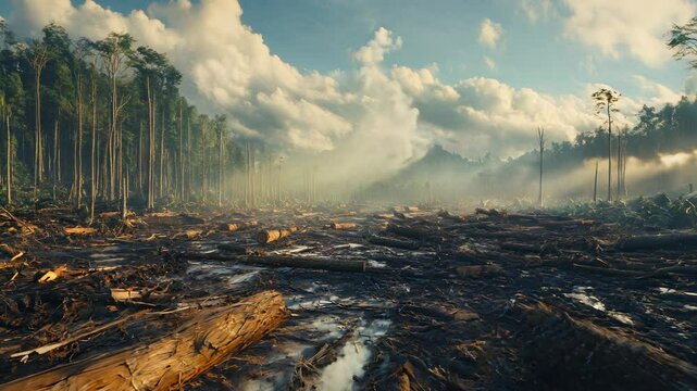 Logged trees in tropical rainforest, deforestation impact and conservation call.