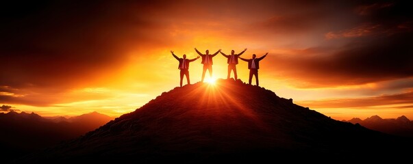 Naklejka premium Silhouettes celebrating at sunset peak