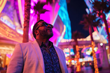 Obraz premium A middle aged Black man, dressed stylishly, poses confidently outside a luxurious Las Vegas casino, with colorful neon lights illuminating the scene. The bustling nightlife and palm trees provide an