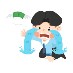 businessman crying sadly as money flies away