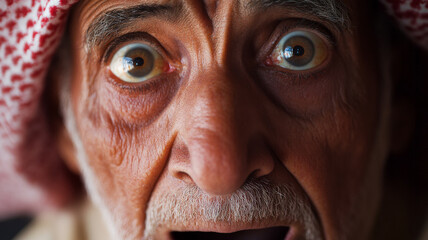 Fototapeta premium An Arabian granddad with wide, surprised eyes, his face lighting up with amazement and joy, captured in a close-up portrait that reflects his warmth and life stories.