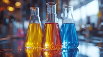 glassware for chemical laboratory research, flask with liquid, beaker for analysis, scientific study of reactions and solutions, lab equipment for chemical innovation and research technology