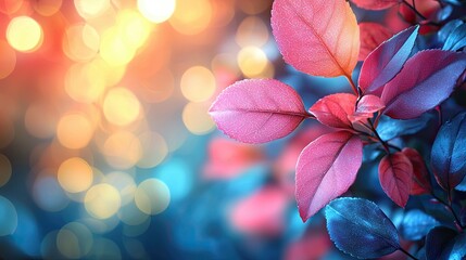 Beautiful red leaves on bokeh background with copy space. 3D rendering zoom office background