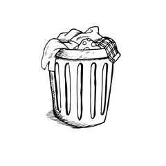 Overflowing clothes in laundry basket hand drawn sketch vector illustration
