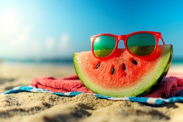 A watermelon slice wearing cool sunglasses, relaxing on a beach towel under the sun.