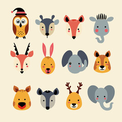 Colorful collection of cartoon animal faces with simple and playful designs.