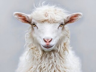 A close up of a white sheep with long hair
