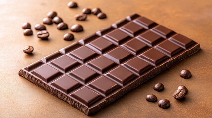 Chocolate bar with coffee beans on brown surface