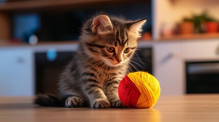 Cute Kitten Playing with Red and Yellow Yarn Ball