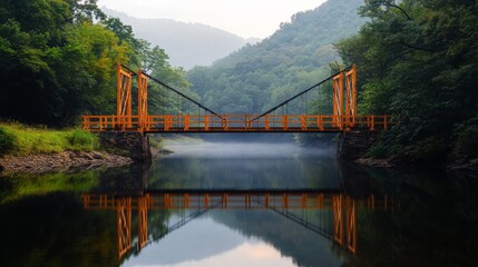 Obraz premium Misty Morning Bridge Reflection Over Still Water
