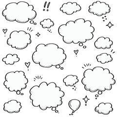 Hand-drawn sketch of various speech bubbles and thought clouds in black and white.