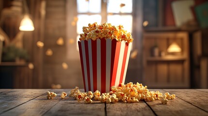 A red and white striped popcorn box full of popcorn sits on a wooden table in a rustic setting.