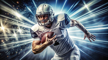  American football player running with ball in dramatic lighting