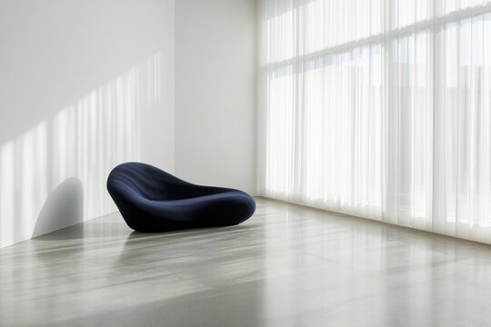 An all-white room with a polished concrete floor and a single, navy-blue sofa inside the room, window with sheer curtains. 