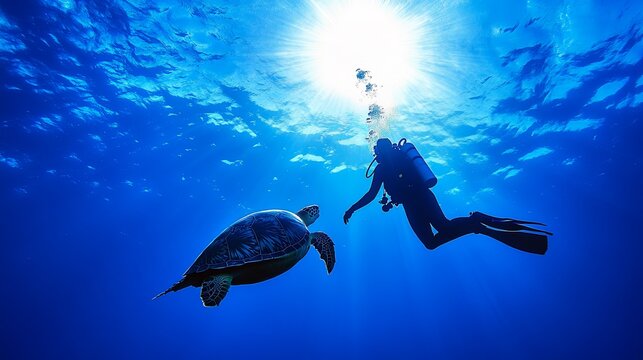 A scuba diver swims alongside a sea turtle in the clear blue ocean, with the sun shining above.