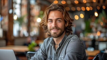 Obraz premium Man with long hair and beard working on laptop in cozy cafe