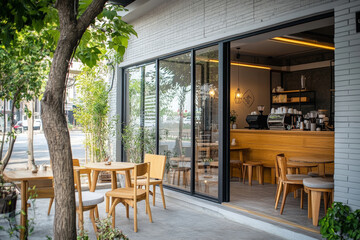 Fototapeta premium A minimalist coffee shop with a chic industrial design features a bright, airy interior. The outdoor seating area, complete with stylish furniture and warm lighting, creates a cozy atmosphere for